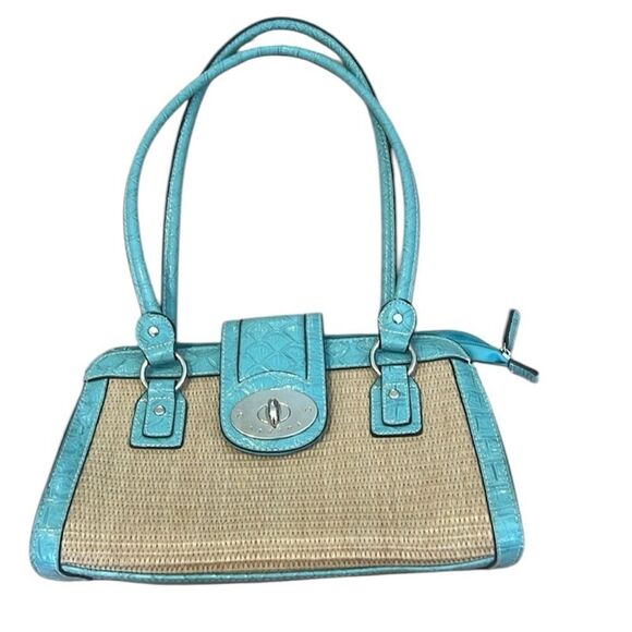 Strata turquoise and tan faux leather zip top bag magnetic close flap GUC - Picture 1 of 16